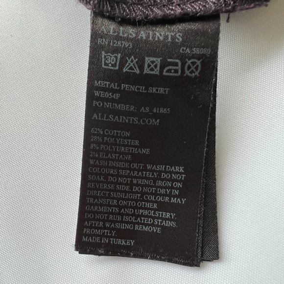 ALL SAINTS Pencil Skirt, Purple Coated Demin Skirt sz 2 - Picture 6 of 6